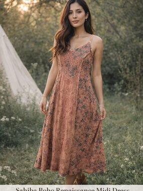 Sahiba Boho Renaissance Midi Dress 100% Rayon Embroidered Cottagecore Festival